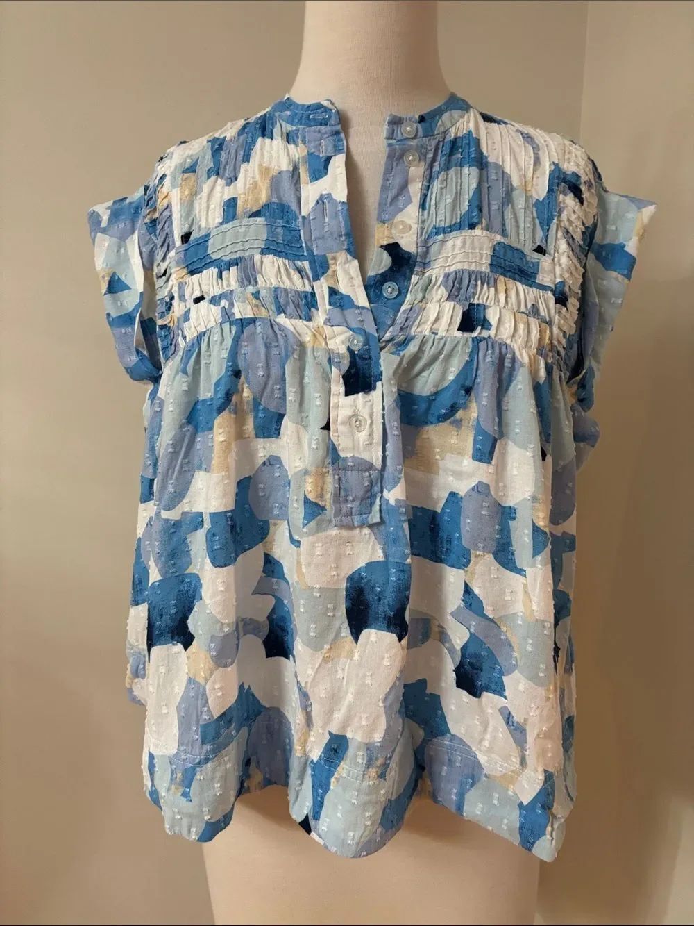 Laroque Blue Abstract Print Cotton Smoked-Yoke Top S